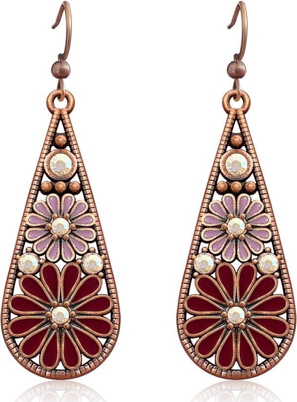Copper Crystal Teardrop Enamel Flower Earrings