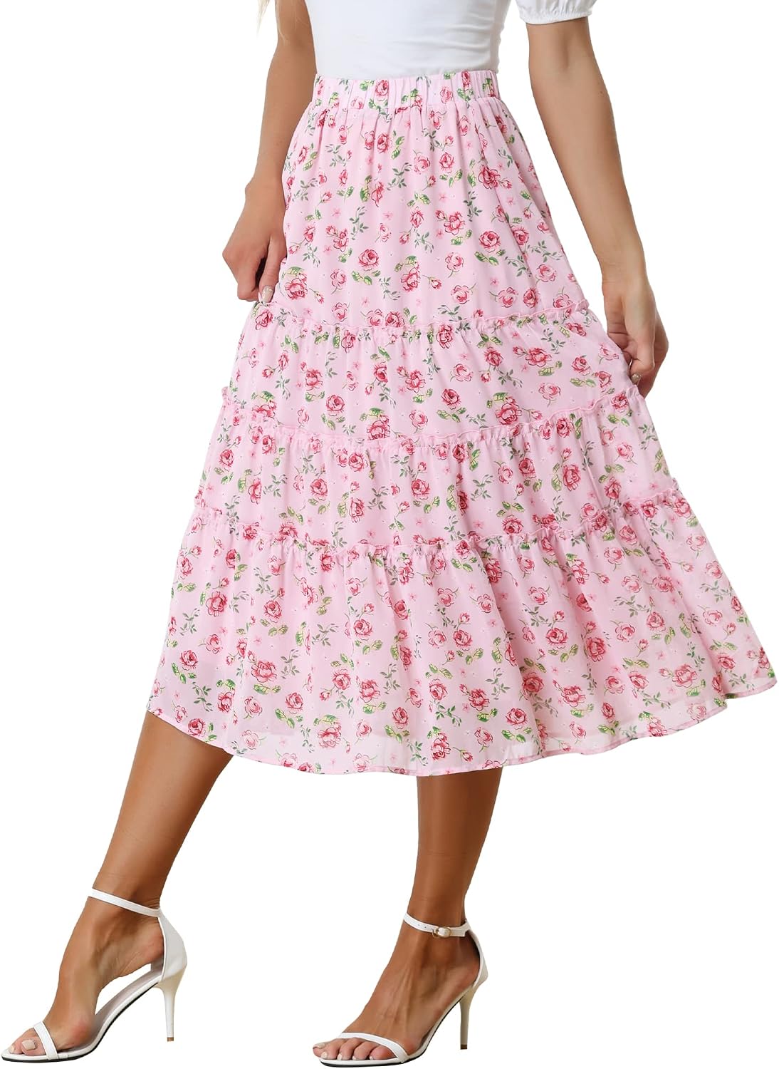 Allegra K Women's Floral Skirt Chiffon A-line Long Tiered Ruffle Maxi Skirt