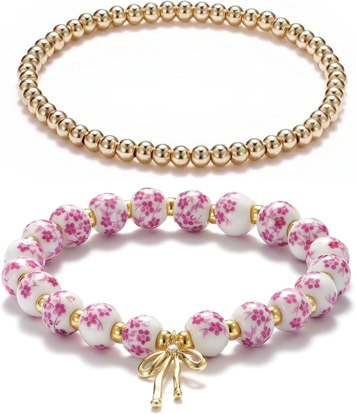 Beaded Bracelets for Women,Bow Charm Blue Flower Gold Plated Jewelry Women
