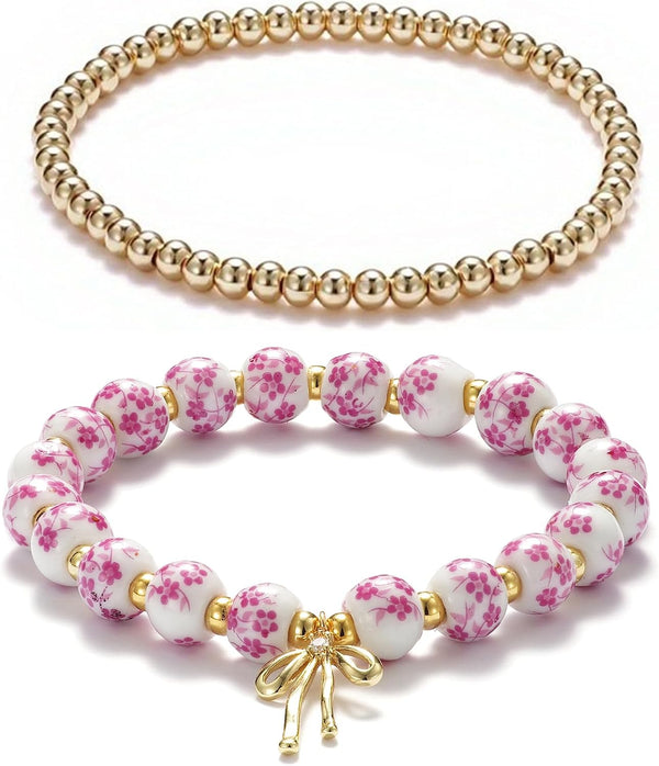 Beaded Bracelets for Women,Bow Charm Blue Flower Gold Plated Jewelry Women