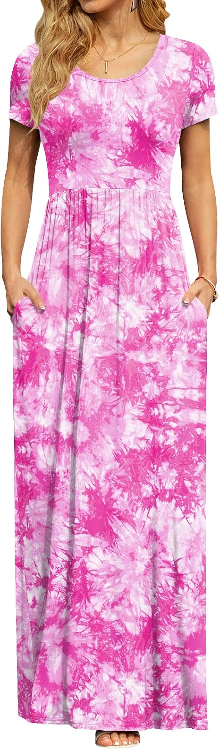 DB MOON Women's Summer Maxi Dress Casual Short Sleeve Empire Waist Pockets