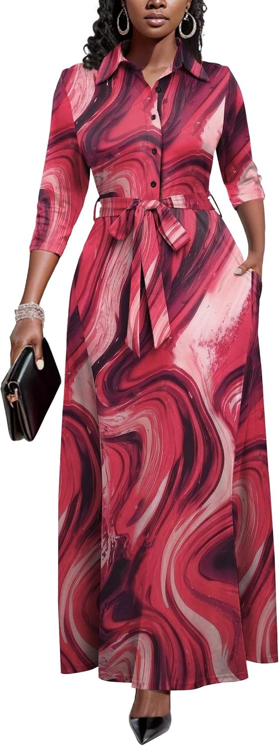 Runwind Womens Maxi Dress 3/4 Sleeve Button Down Church Dress with Pockets