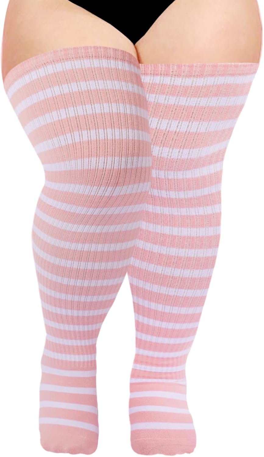 Moon Wood Plus Size Thigh High Socks for Women Knit Cotton Extra Long Striped Over the Knee High Socks Leg Warmers