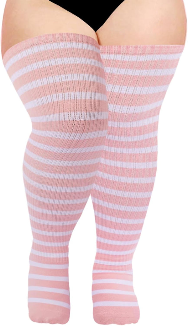 Moon Wood Plus Size Thigh High Socks for Women Knit Cotton Extra Long Striped Over the Knee High Socks Leg Warmers