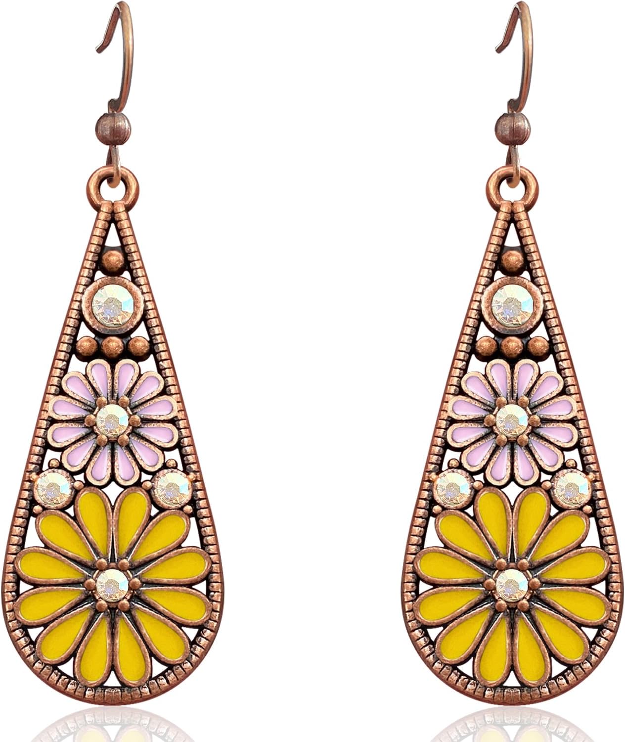 Copper Crystal Teardrop Enamel Flower Earrings