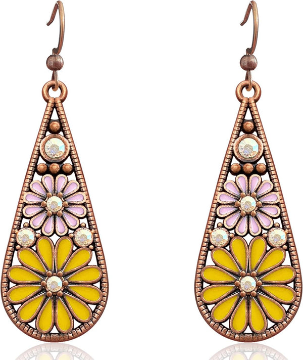 Copper Crystal Teardrop Enamel Flower Earrings