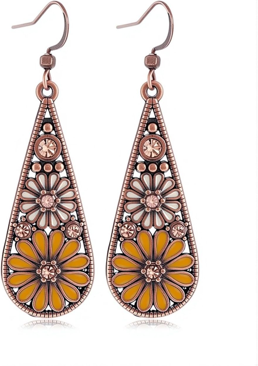 Olive Green Crystal Teardrop Floral Boho Earrings