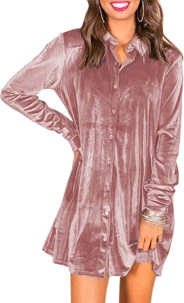 Caitefaso Womens Velvet Button Down T Shirts Swing Mini Dress Casual Long Sleeves Lapel Tunic Tops