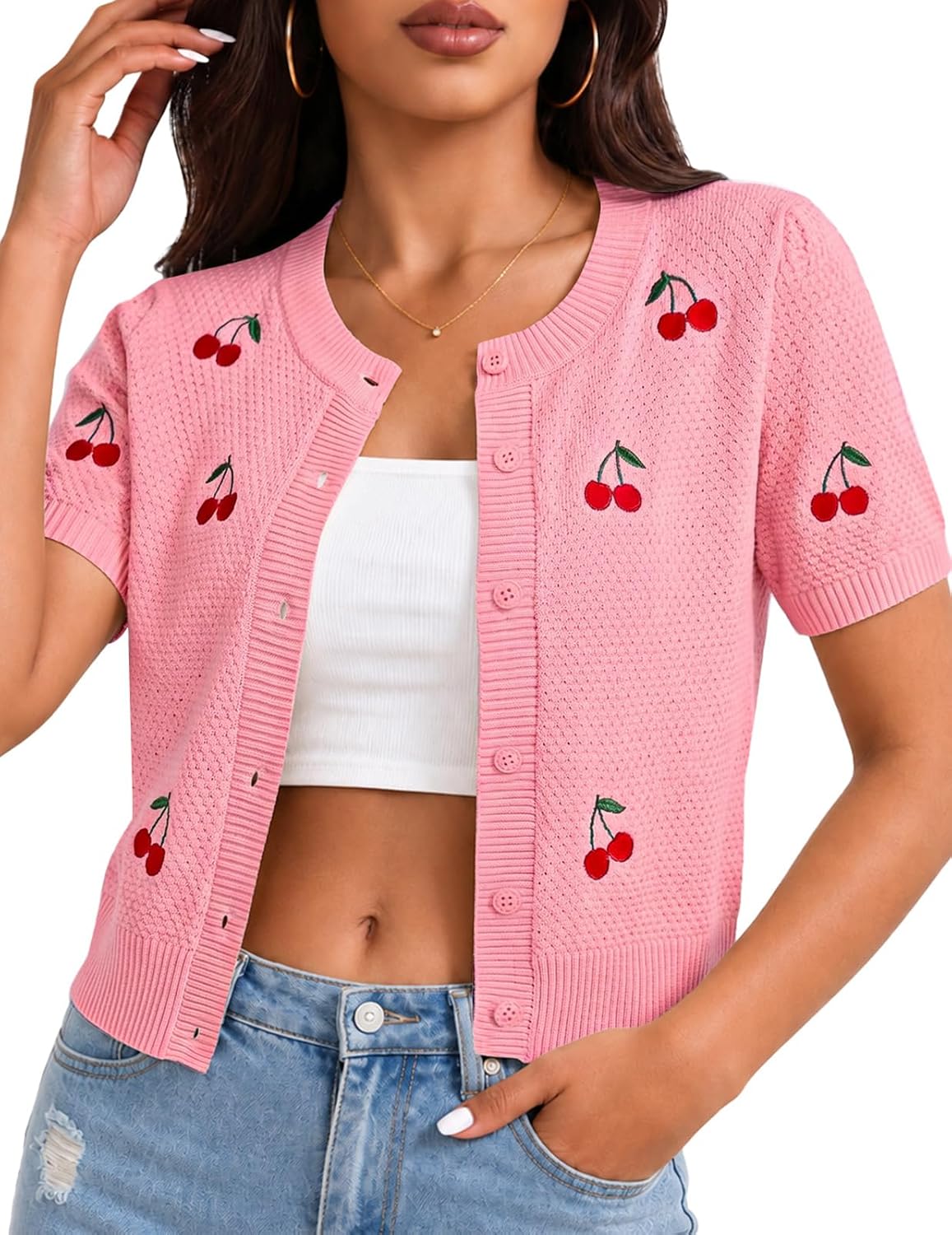 Cherry Short Sleeve Cardigan for Women Cropped Lightweight Cardigan Sweater Secondary image