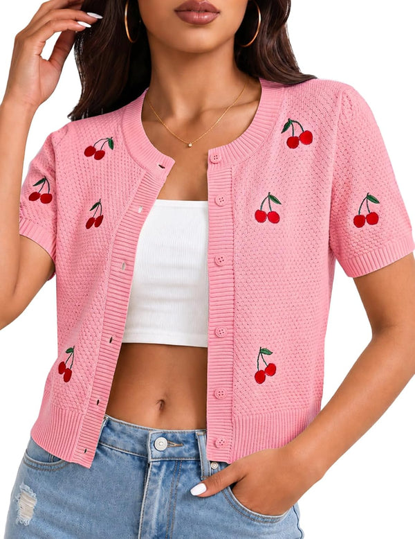 Cherry Short Sleeve Cardigan for Women Cropped Lightweight Cardigan Sweater