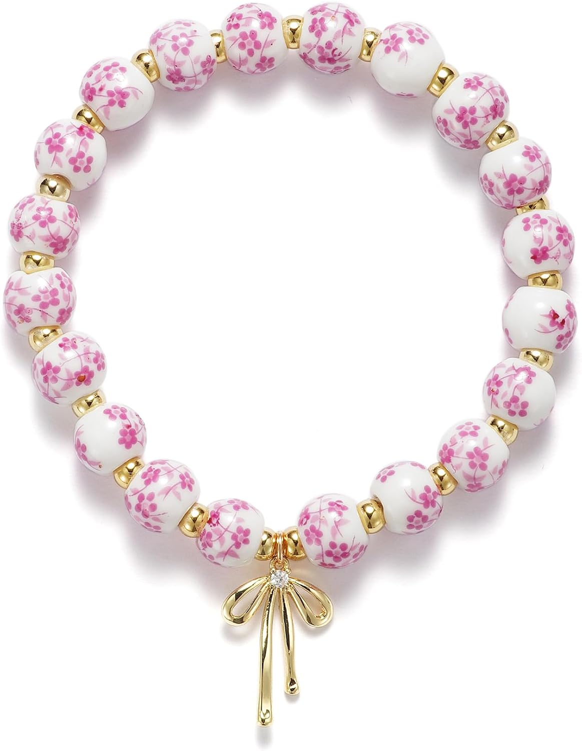 Beaded Bracelets for Women,Bow Charm Blue Flower Gold Plated Jewelry Women