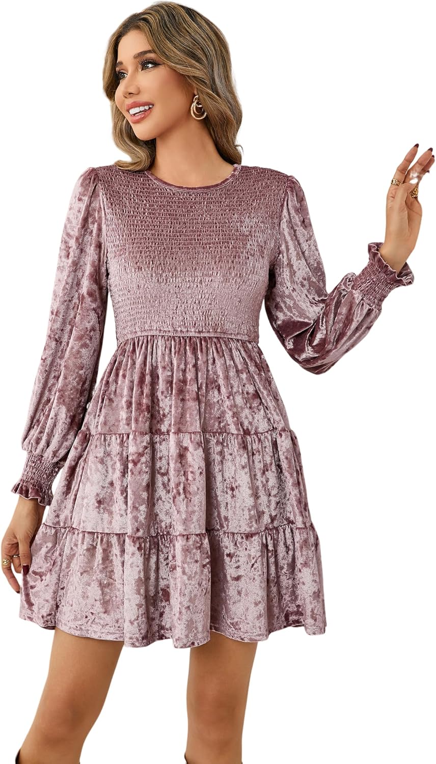 R.Vivimos Women's Fall Crushed Velvet Long Sleeve Mini Dress