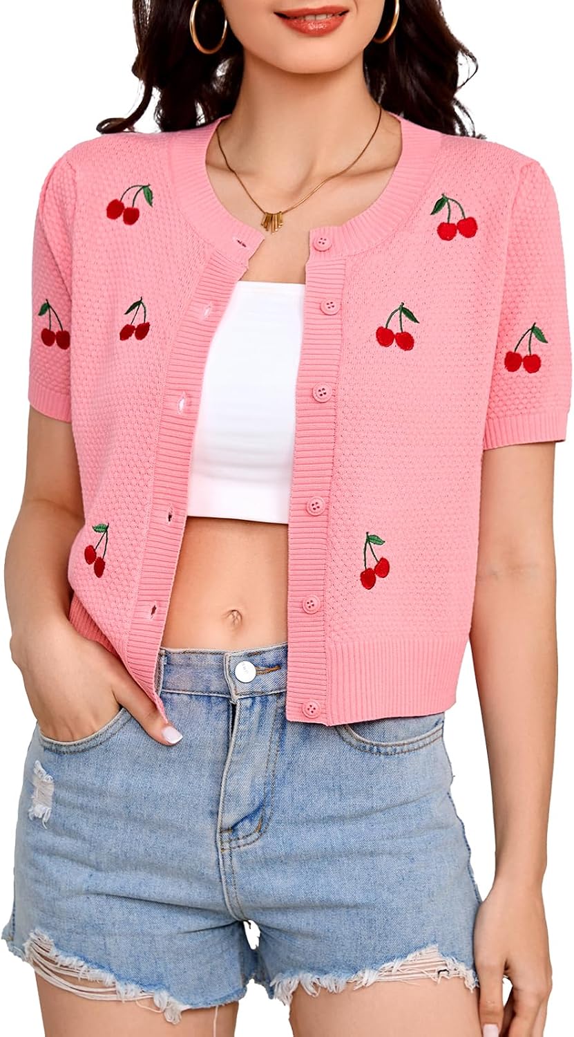 Bbonlinedress Women Cherry Short Sleeve Cardigan Tops Vintage Sweater Shirt
