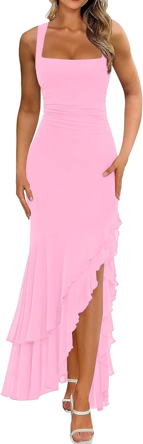 BORIFLORS Women's Elegant Bodycon Ruched Maxi Cocktail Dress