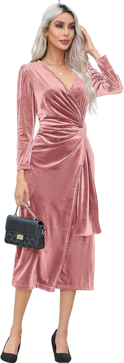 R.Vivimos Women's Velvet Wrap Fall Winter Elegant Midi Dress