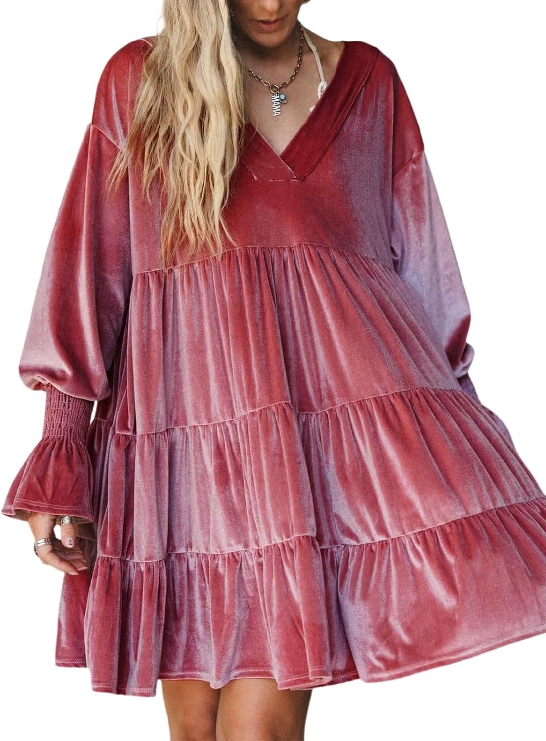 Fisoew Womens Velvet Tunic Dress Long Puff Sleeve Tiered Ruffle Dresses