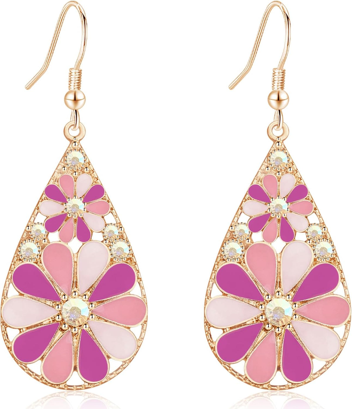 Copper Crystal Teardrop Enamel Flower Earrings