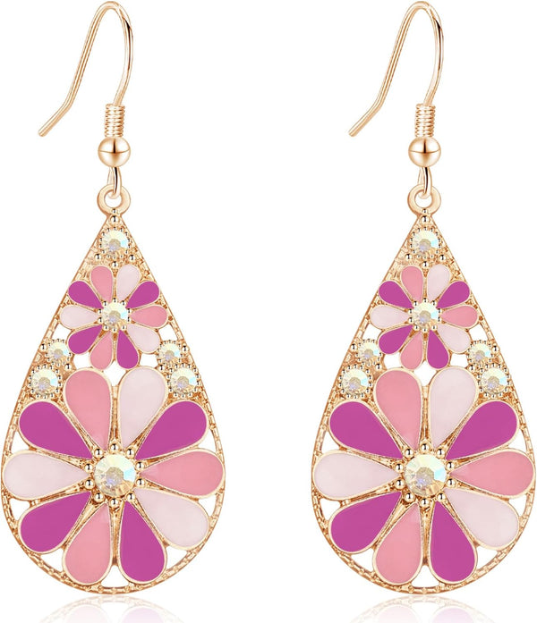 Copper Crystal Teardrop Enamel Flower Earrings