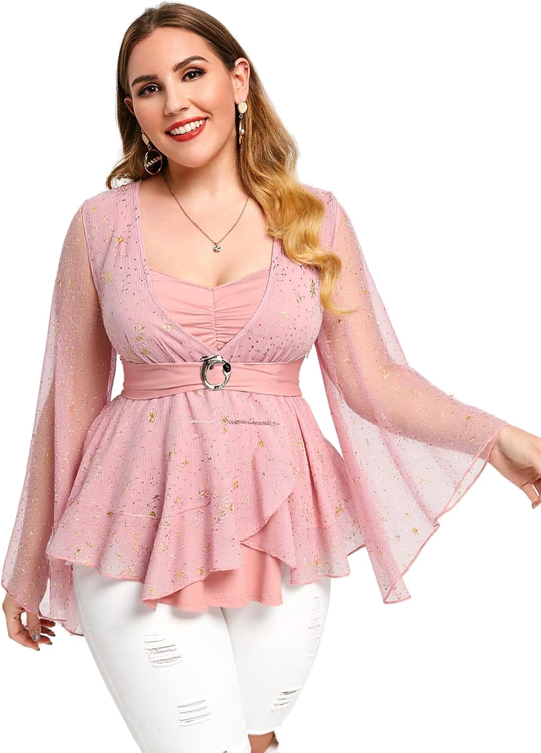 Rosegal Women Plus Size Sparkly Star Bell Sleeve Top