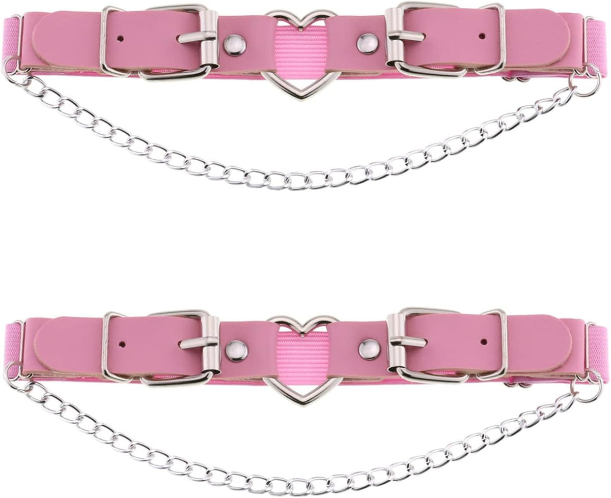 2PCs Leather Leg Garter with Chains, Elastic Rock Heart Thigh Garter for Women