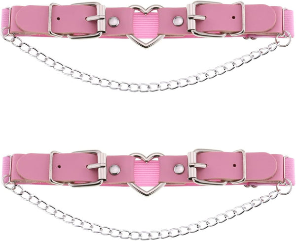 2PCs Leather Leg Garter with Chains, Elastic Rock Heart Thigh Garter for Women