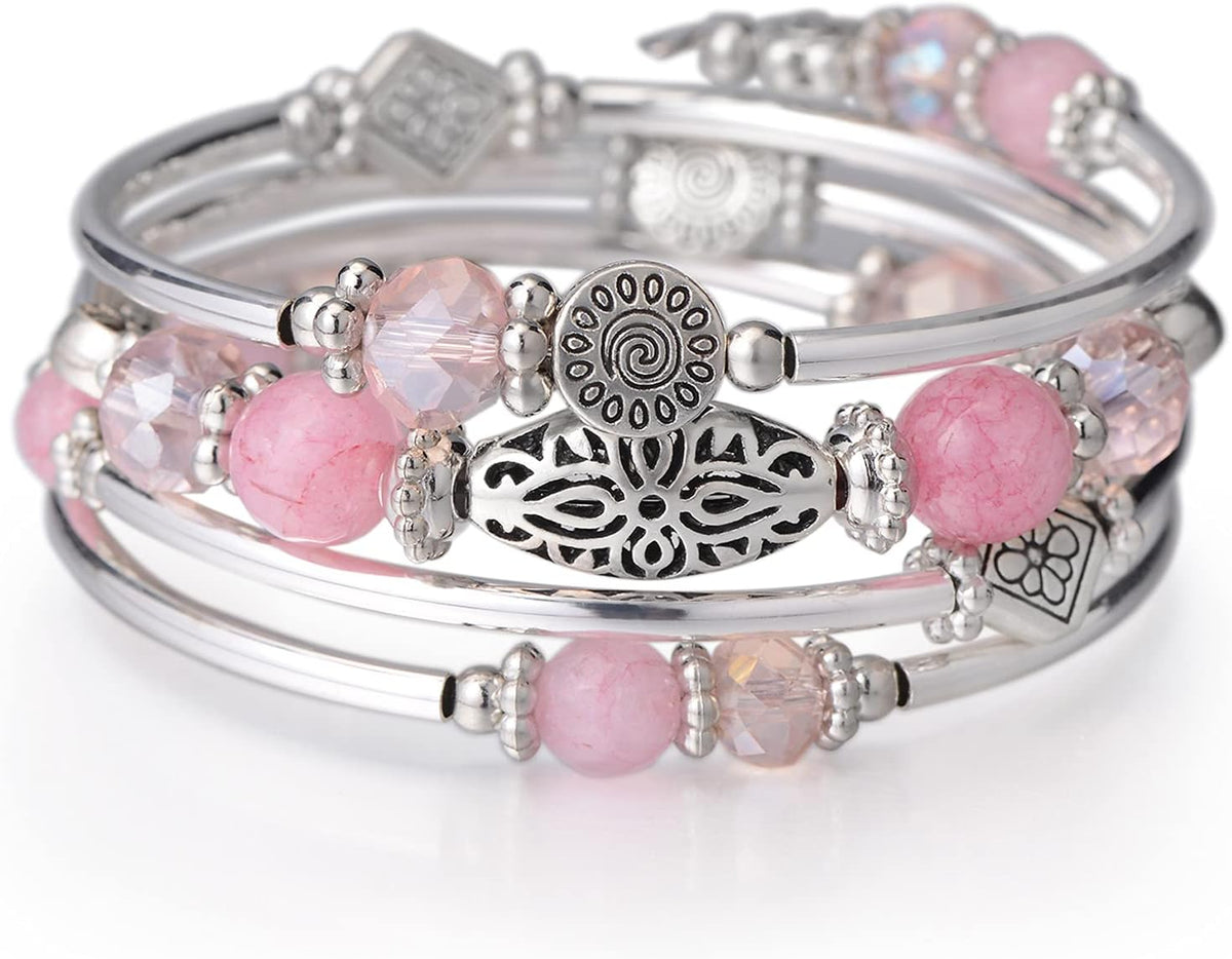 Stackable Beaded Bracelets for Women Boho Wrap Silver Bracelet Layered Fashion Jewelry Gifts for Her