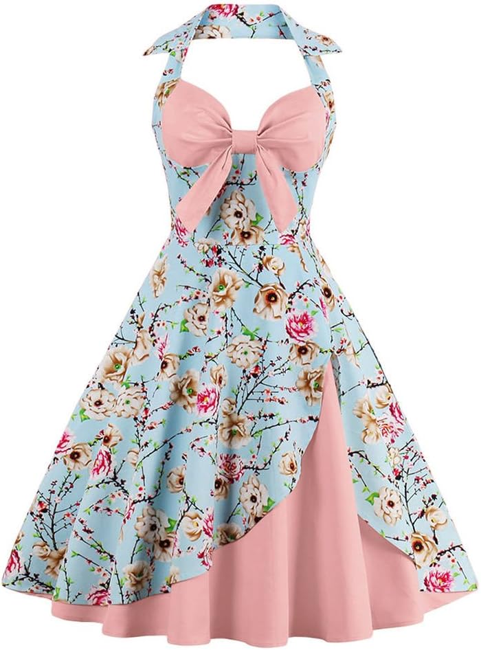Women Vintage 1950s Rockabilly Swing Dress 50s Pinup Retro Hepburn Style A-Line Halterneck Floral Dresses Secondary image