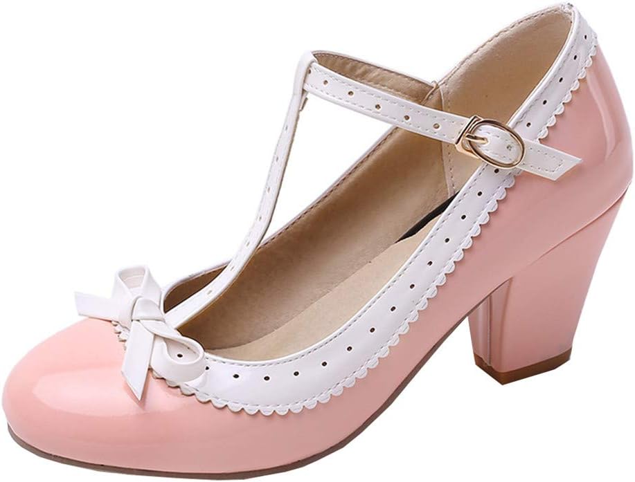 Bellirala Womens Rockabilly Shoes T-Strap Mary Jane Block High Heel Closed Toe Pumps