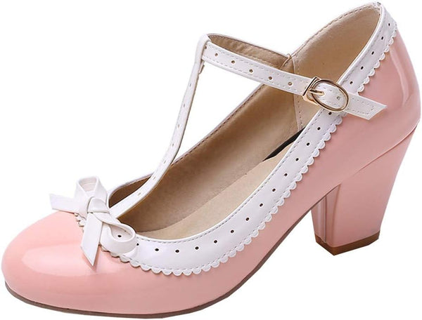 Bellirala Womens Rockabilly Shoes T-Strap Mary Jane Block High Heel Closed Toe Pumps