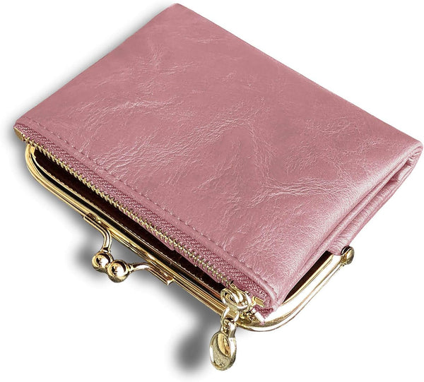 Womens Small RFID Compact Bifold Wallet — Vintage Kiss-Lock Coin Purse