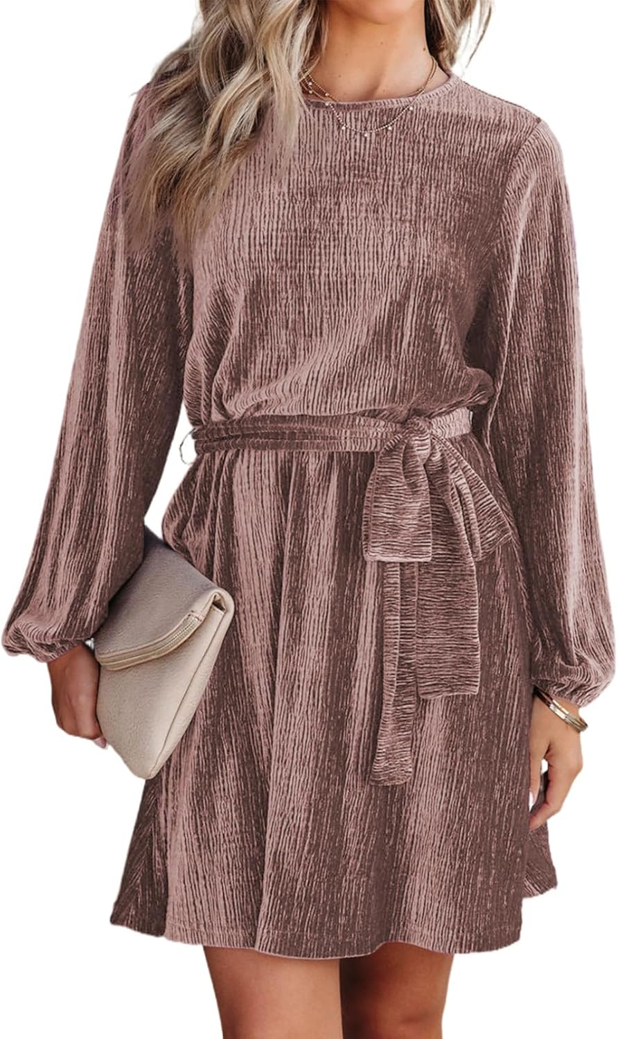 Happy Sailed Women's Velvet Dress Lantern Sleeve High Waist A-Line Skater Cocktail Party Dresses with Belt Business wear
