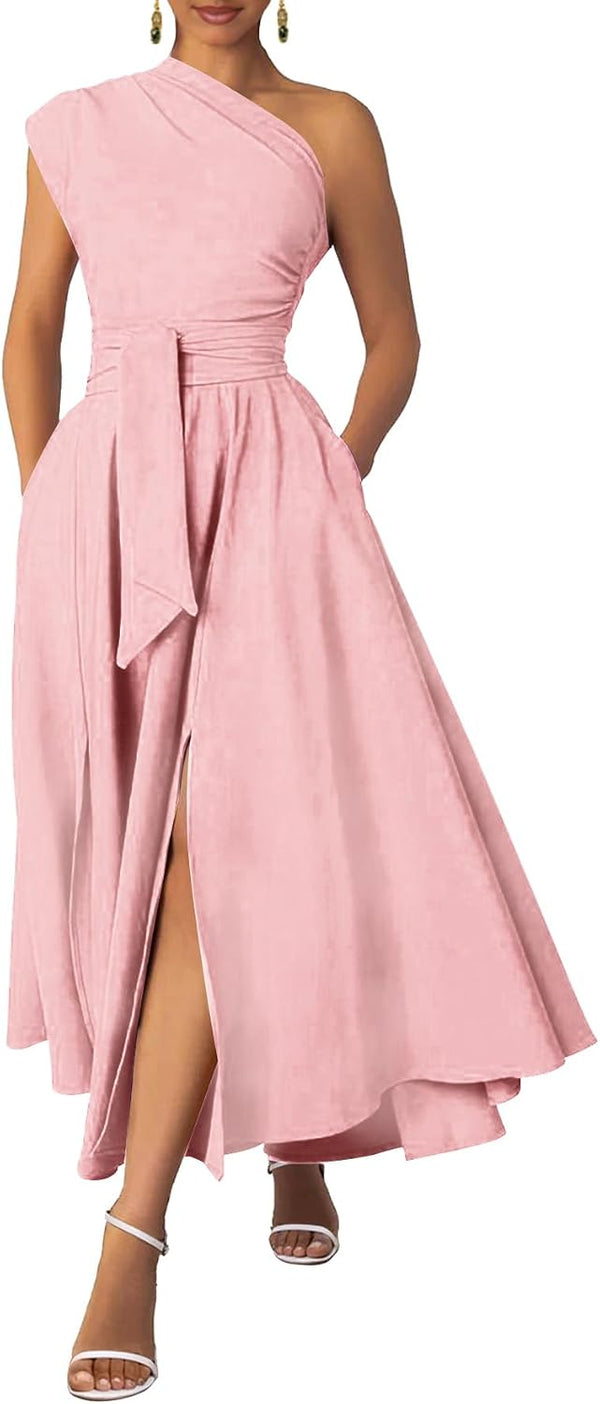 Ekaliy Women's One Shoulder Belted Maxi Dress Formal Wedding Guest Dress