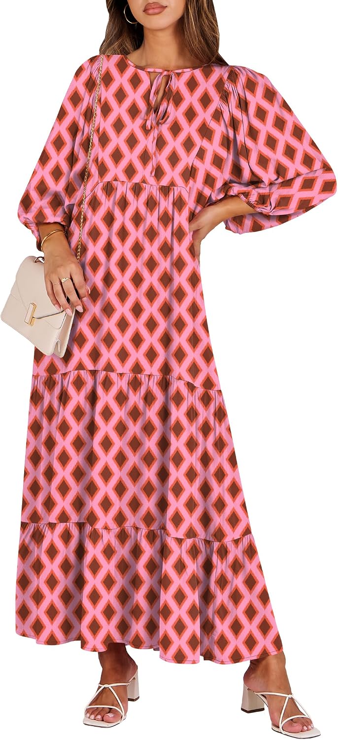 ANRABESS Womens Boho Floral 3/4 Puff Sleeve Maxi Dress