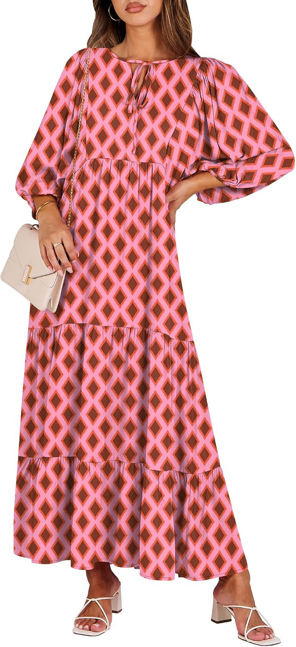ANRABESS Womens Boho Floral 3/4 Puff Sleeve Maxi Dress