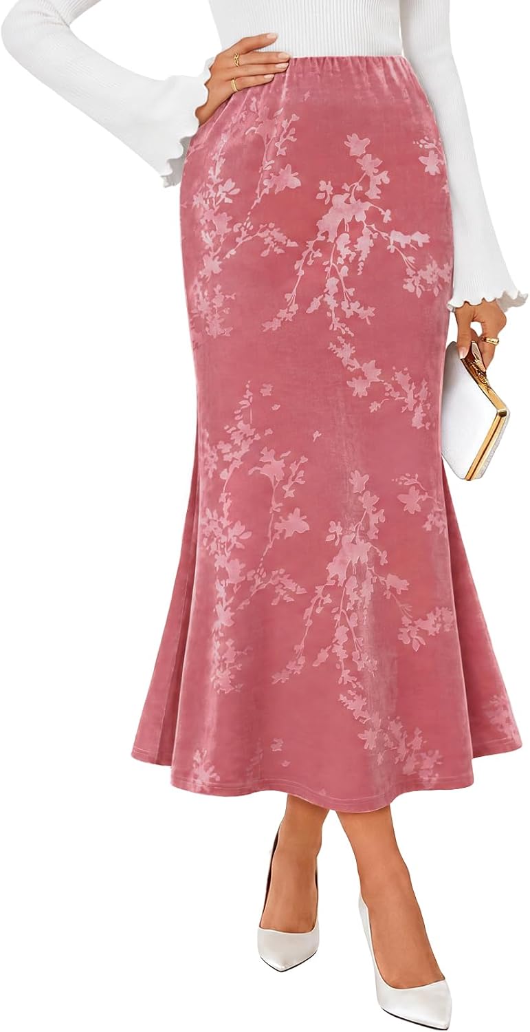 MEROKEETY Women's Fall Floral Velvet Maxi Skirt