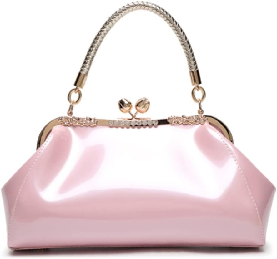 Glossy Patent Leather Evening Bag — Braided Handle Kiss Lock Handbag