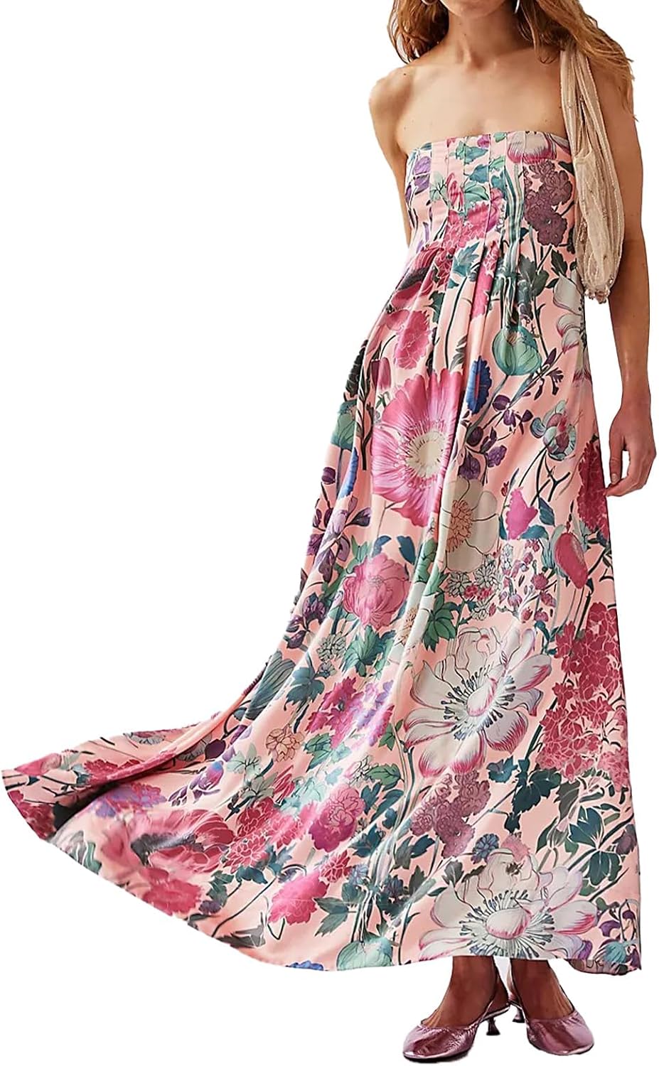ABYOVRT Women Boho Floral Maxi Dress Backless Spaghetti Strap A-Line Flowy Summer Vacation Long Dress Secondary image