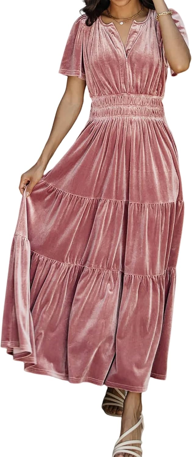 R.Vivimos Womens Fall Winter Velvet Elastic Waist Maxi Dress