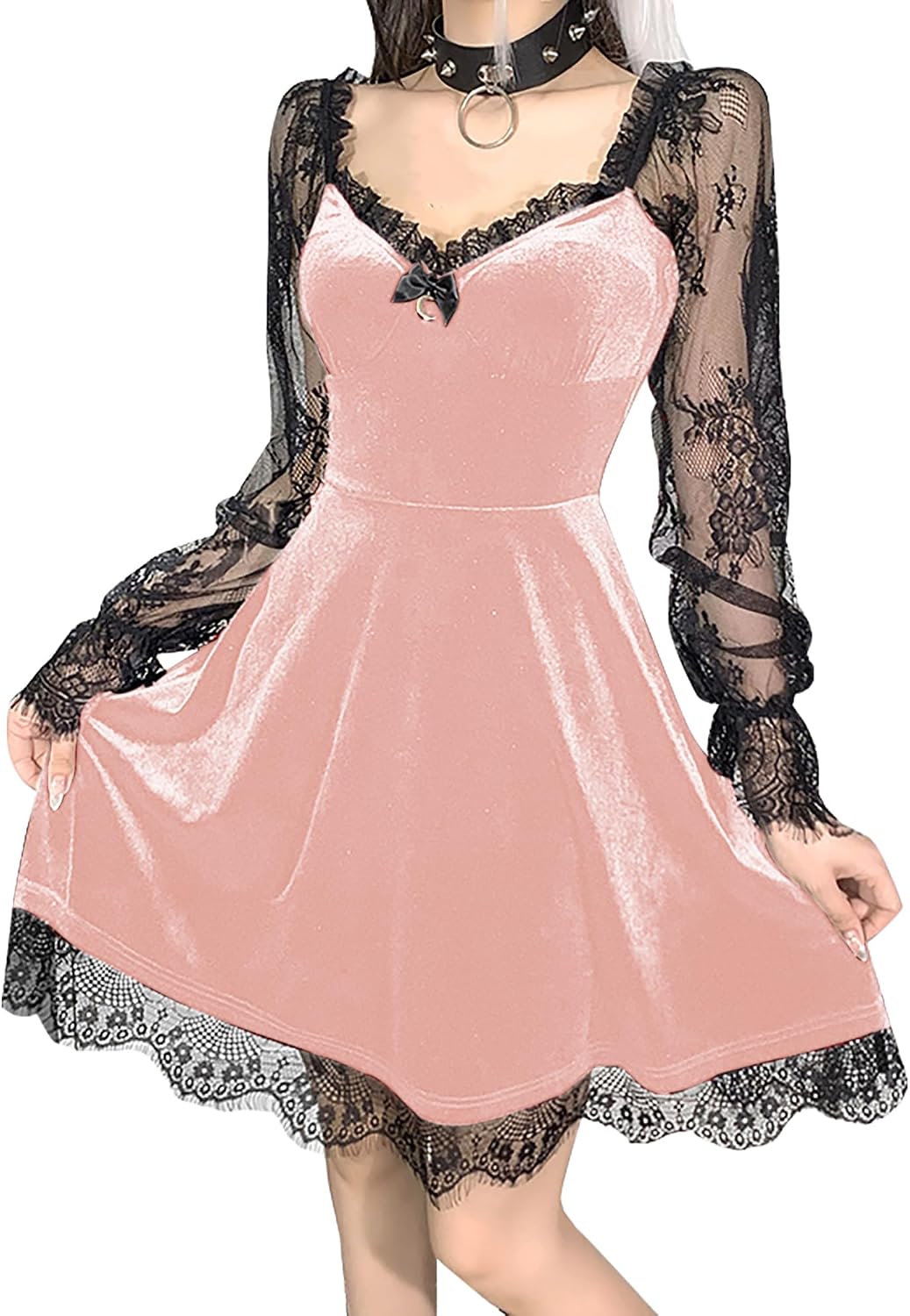 TSMNZMU Women Gothic Velvet Dress - Lace Long Sleeve Midi Lolita Dresses