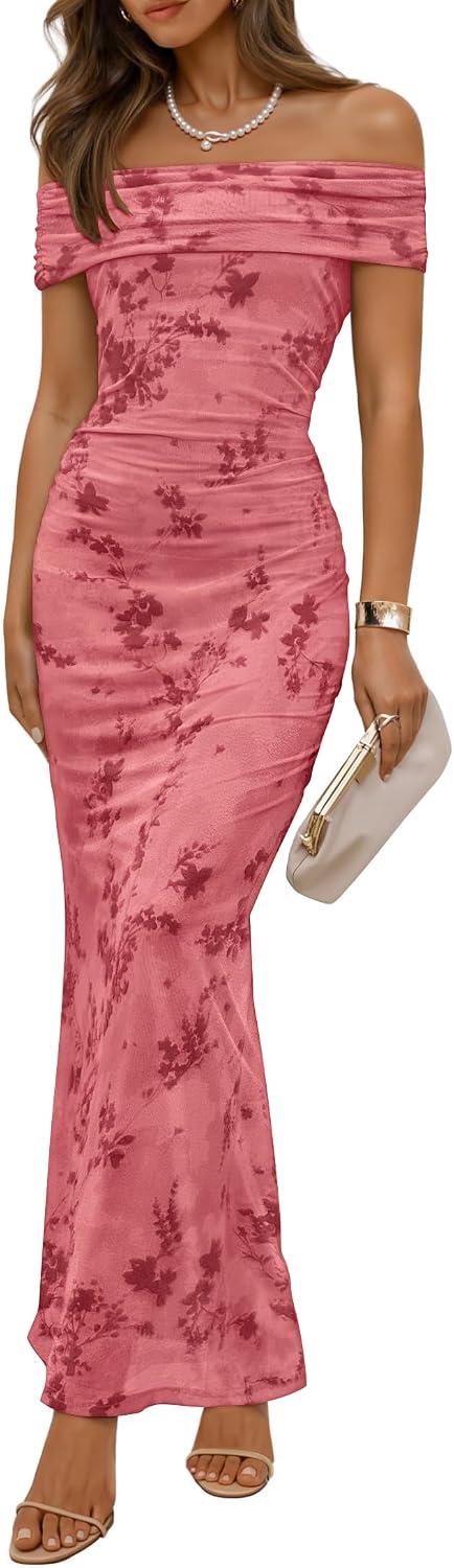 ZESICA Women's Summer Off Shoulder Floral Bodycon Ruched Maxi Formal Dress