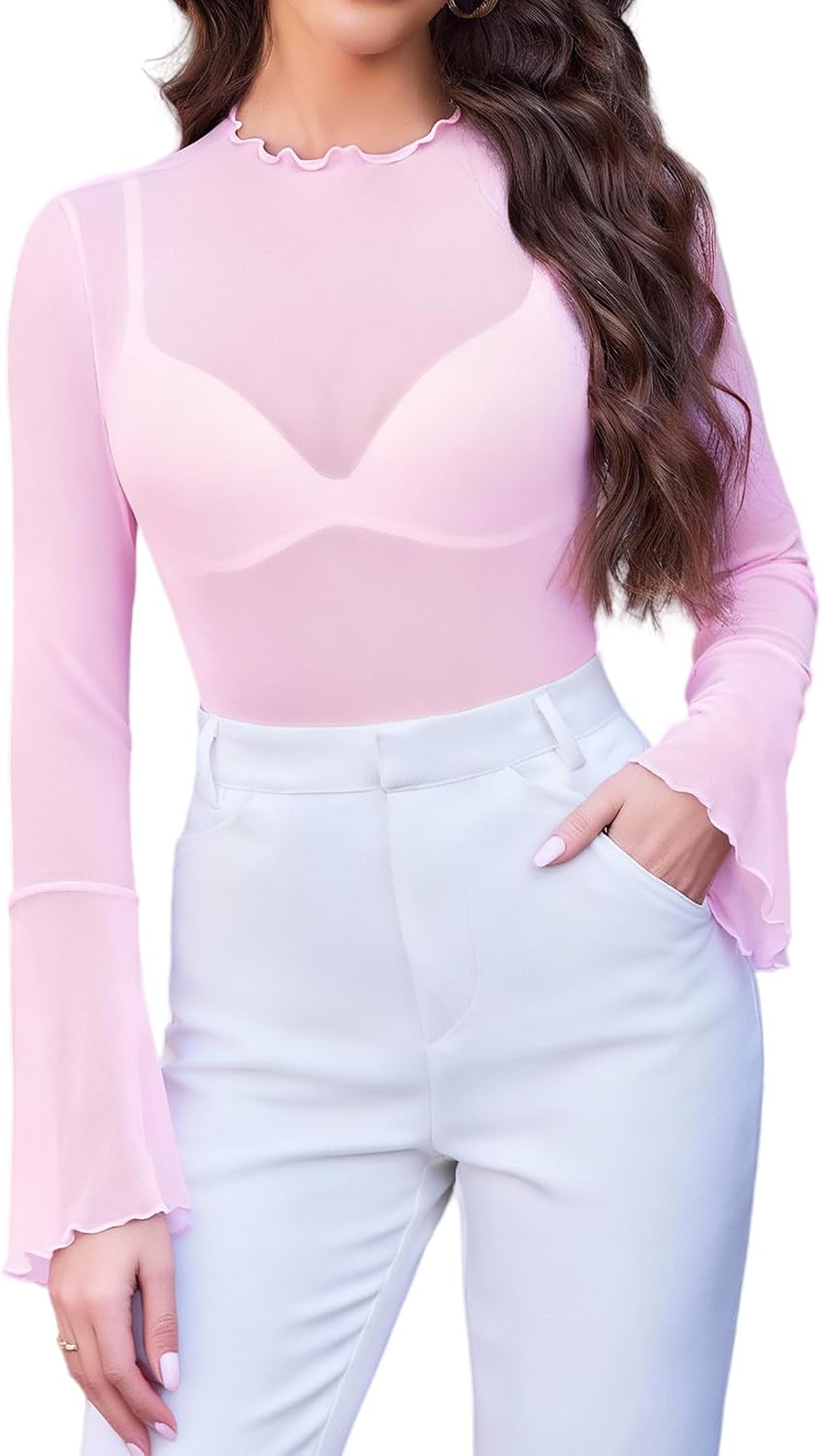 Mesh Tops for Women Long Bell Sleeve Blouses Going Out Shirt Sexy Outfits