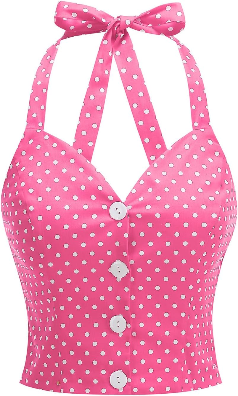 Vintage Tops for Women 1950s Polka Dot 50s Pin up Rockabilly Top Halter V Neck Pinup Retro Tops 50's Vintage Blouses Tank Top