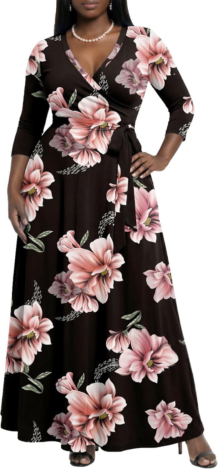 AOMONI Women's Maxi Dresses Summer Casual Wrap Tie Waist Long Dress