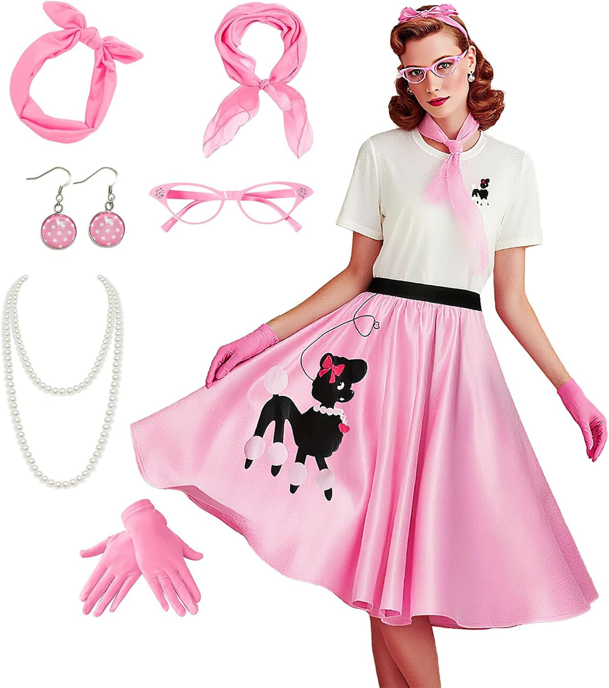 1950s Poodle Skirt Costume 8Pcs Vintage Sock Hop Outfit with T-Shirt, Scarf for Halloween, Retro Parties, Cosplay