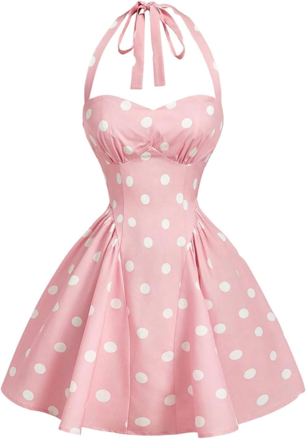 Women's Vintage 1950s Halter Neck Rockability Swing Dress Smocked Fit and Flare Sundress