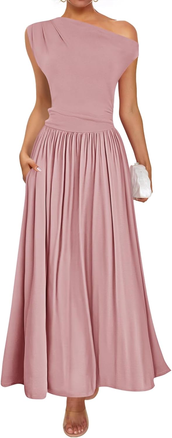 ZESICA Womens Sleeveless One Shoulder Maxi Dress with Pockets
