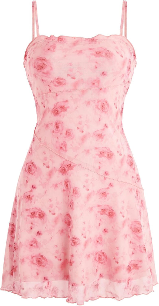 Verdusa Women's Mini Dress Floral Mesh Spaghetti Strap Short Dresses Y2k