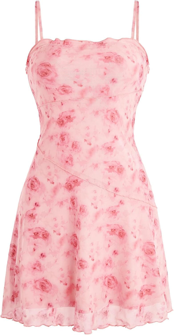 Verdusa Women's Mini Dress Floral Mesh Spaghetti Strap Short Dresses Y2k