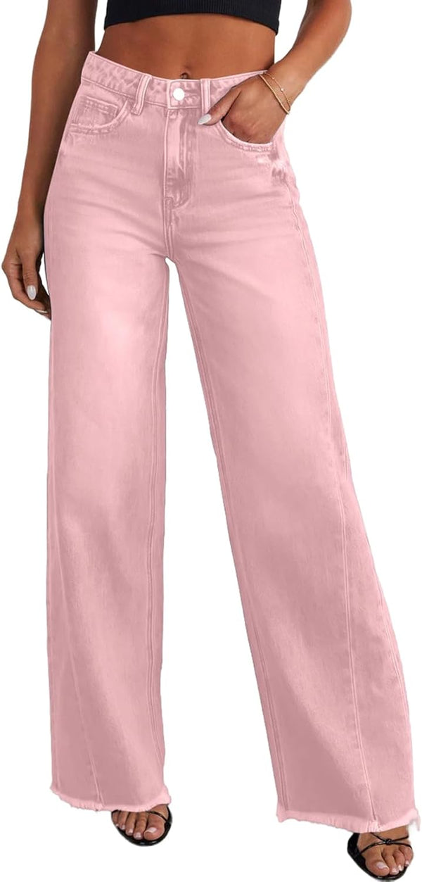 Sidefeel Women's Wide Leg Jeans High Waisted Stretchy Raw Hem