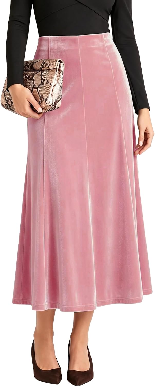 Urban CoCo Women's Velvet A-Line Midi Skirt High-Waisted Stretch
